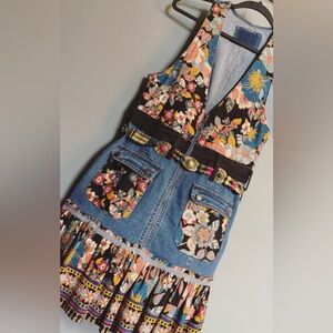Artisan Patchwork Denim Boho Dress | Floral Tapestry Jumper | M